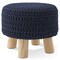 Pouf Ottoman Footstool, 13" Round x 11" High, Hand-Knitted Cotton Footrest, Non-Skid Wood Legs, Boho Foot Stool for Living Room, Bedroom